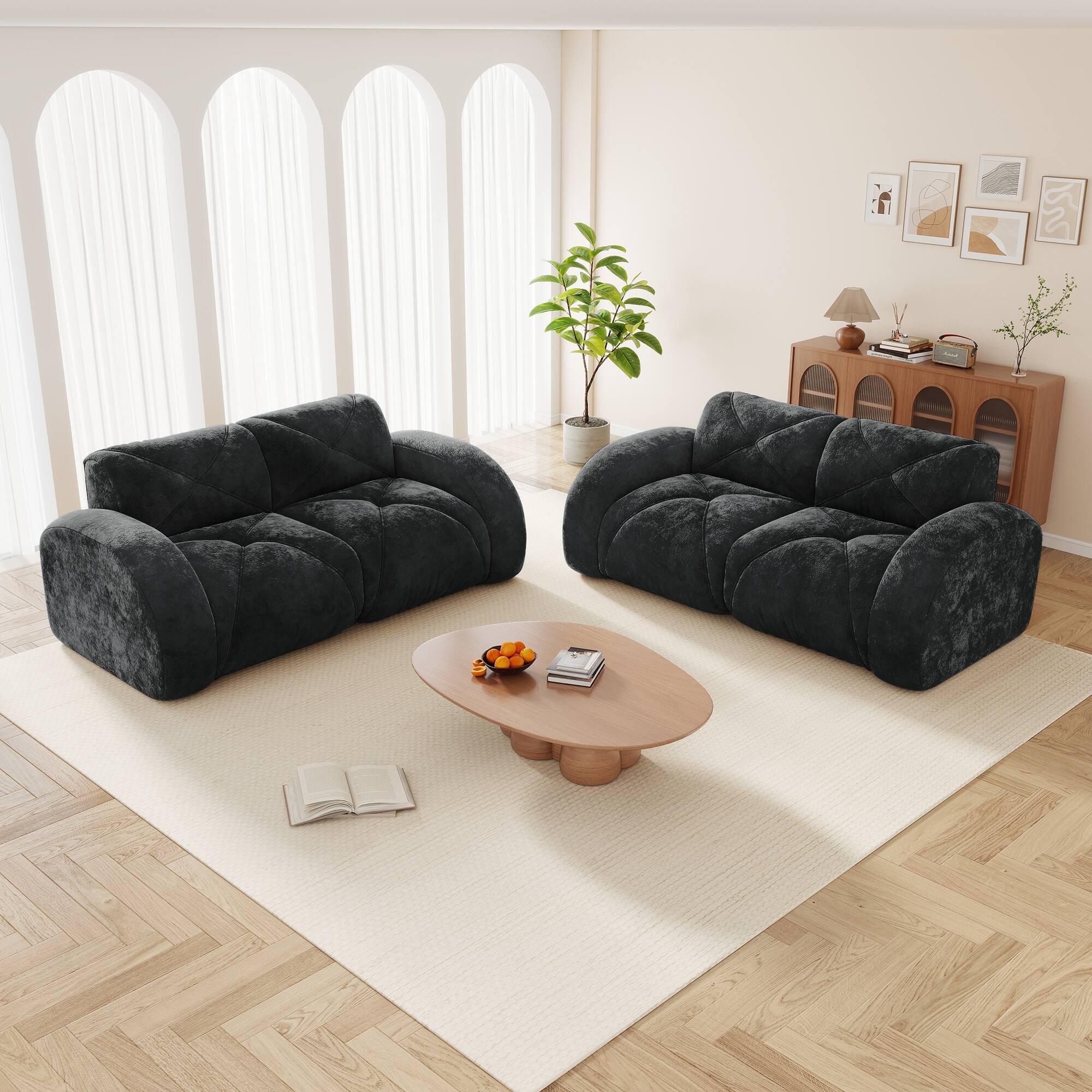 Angle. LOVMOR - 2 Piece Deep Seat No Assembly Velvet Sofa Set Anti Slip Tufted For Living Room Apartment Den Soft Modern TV XL - Black.