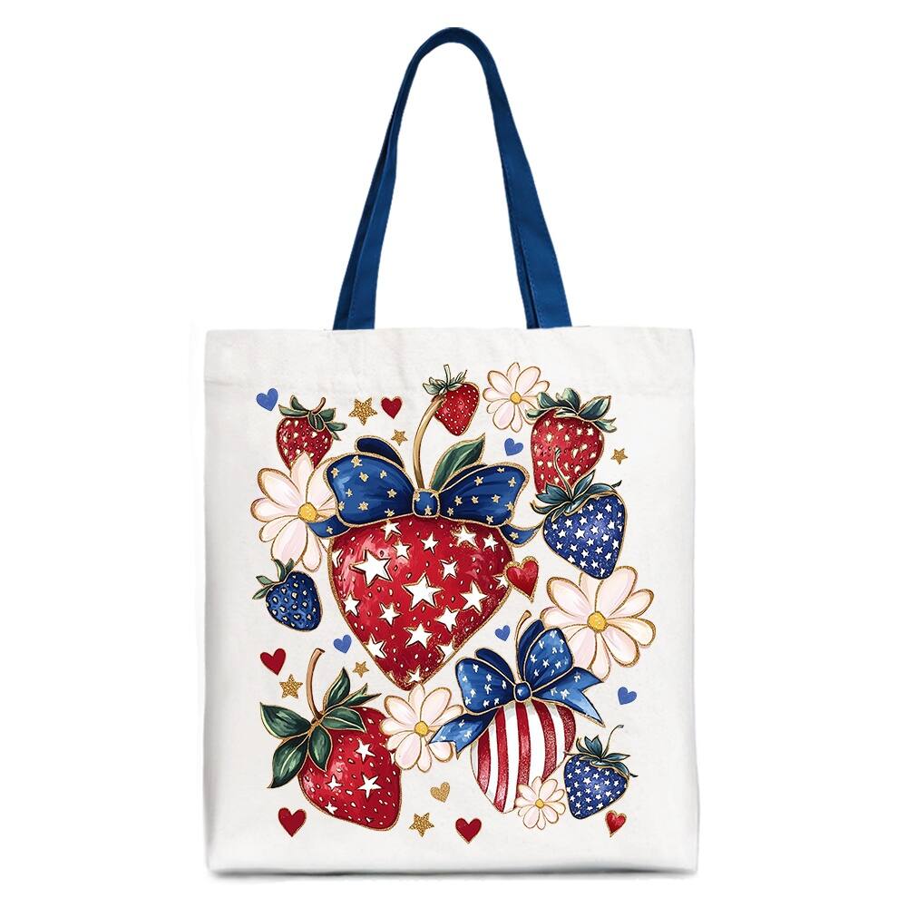 Front. OrnamentallyYou - Patriotic Boho Strawberries Bouquet Canvas Tote Bag, 4th of July Festive Patch Gift - White Navy.
