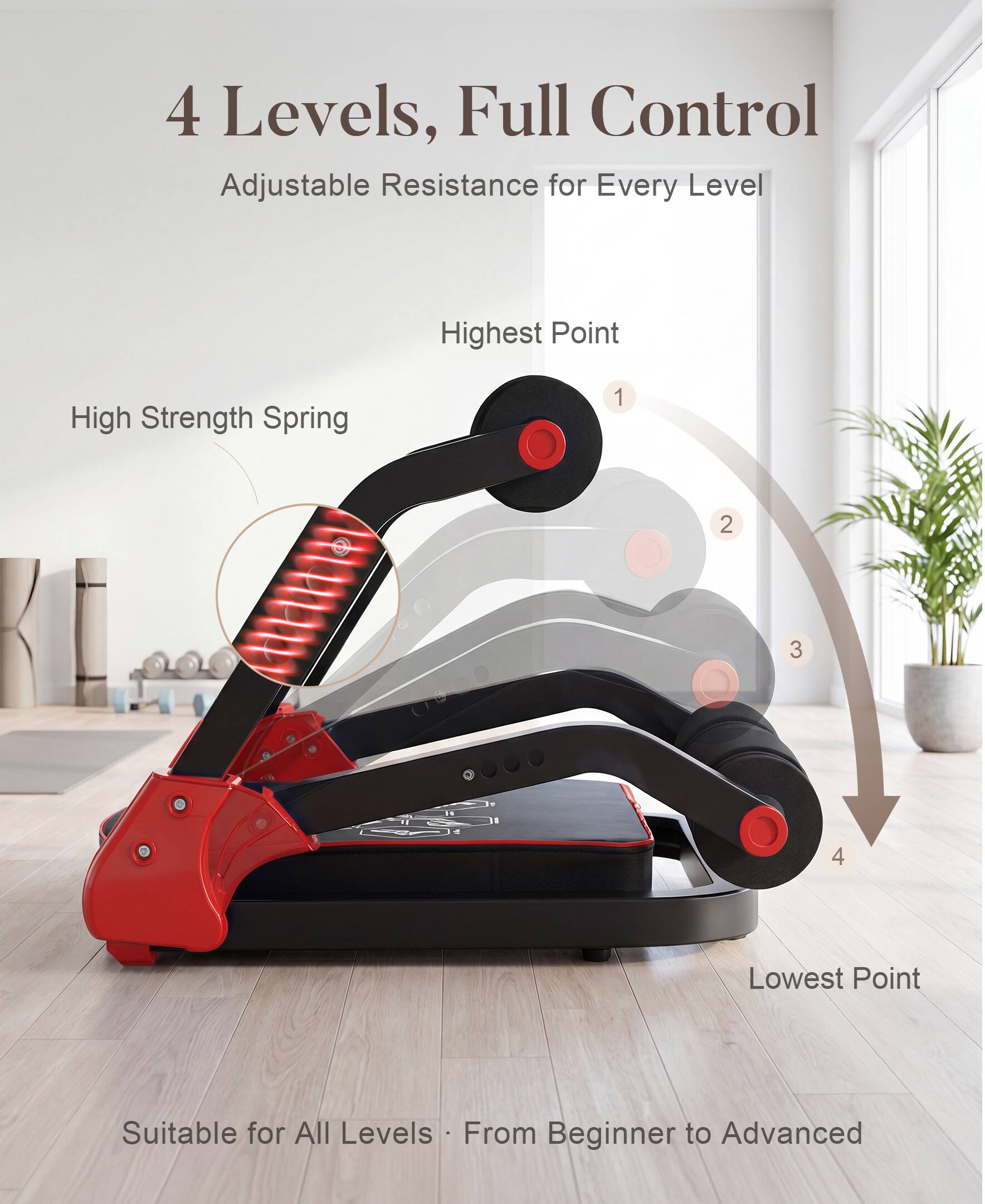 4 Levels, Full Control Adjustable Resistance for Every Level Highest Point High Strength Spring 1 2 3 4 Lowest Point Suitable for All Levels From Beginner to Advanced