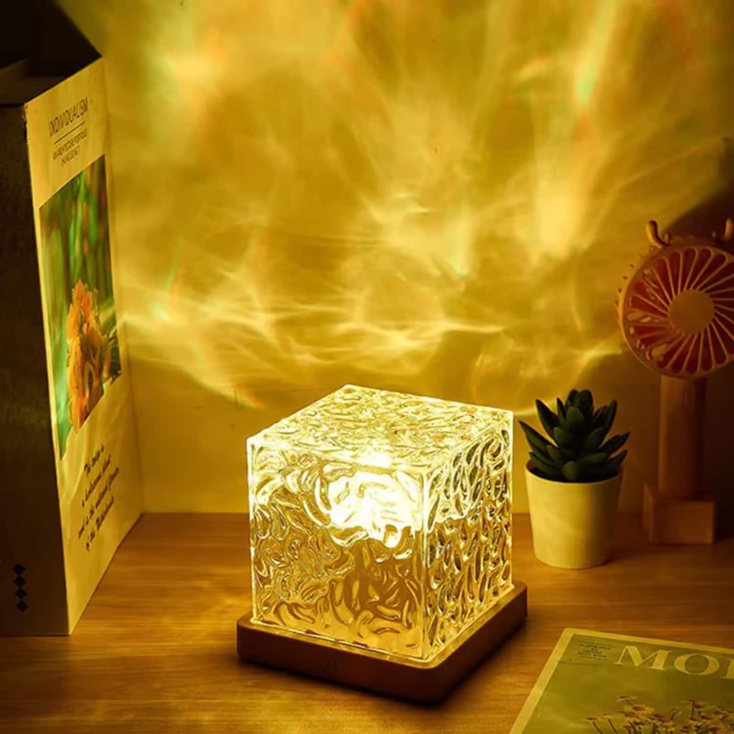 Luckbyte - 16 Colors Rotating Water Ripple Projector Night Light Dynamic Flame Crystal Lamp for Bedroom Decor - Multicolor
