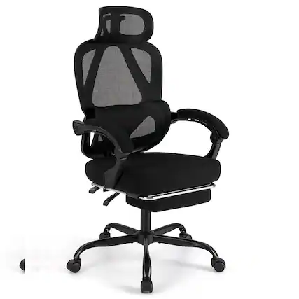 Front. Pefilos - Ergonomic High Back Mesh Office Chair - 90°-135° Recline Retractable Footrest, 2D Headrest & Adjustable Lumbar - Black.