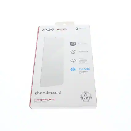 ZAGG | SHIELD
SAMSUNG 95%
ThAS - CE Screen Protector +
Catrema ipest - Scratch Protection
Contains Anti-scratch Treatment that Protects Your Screen Protector
eyesafe Enhanced Blue Light Filter
glass visionguard
for/pour: Samsung Galaxy A53 5G
5G compatible
#1 TRUSTED