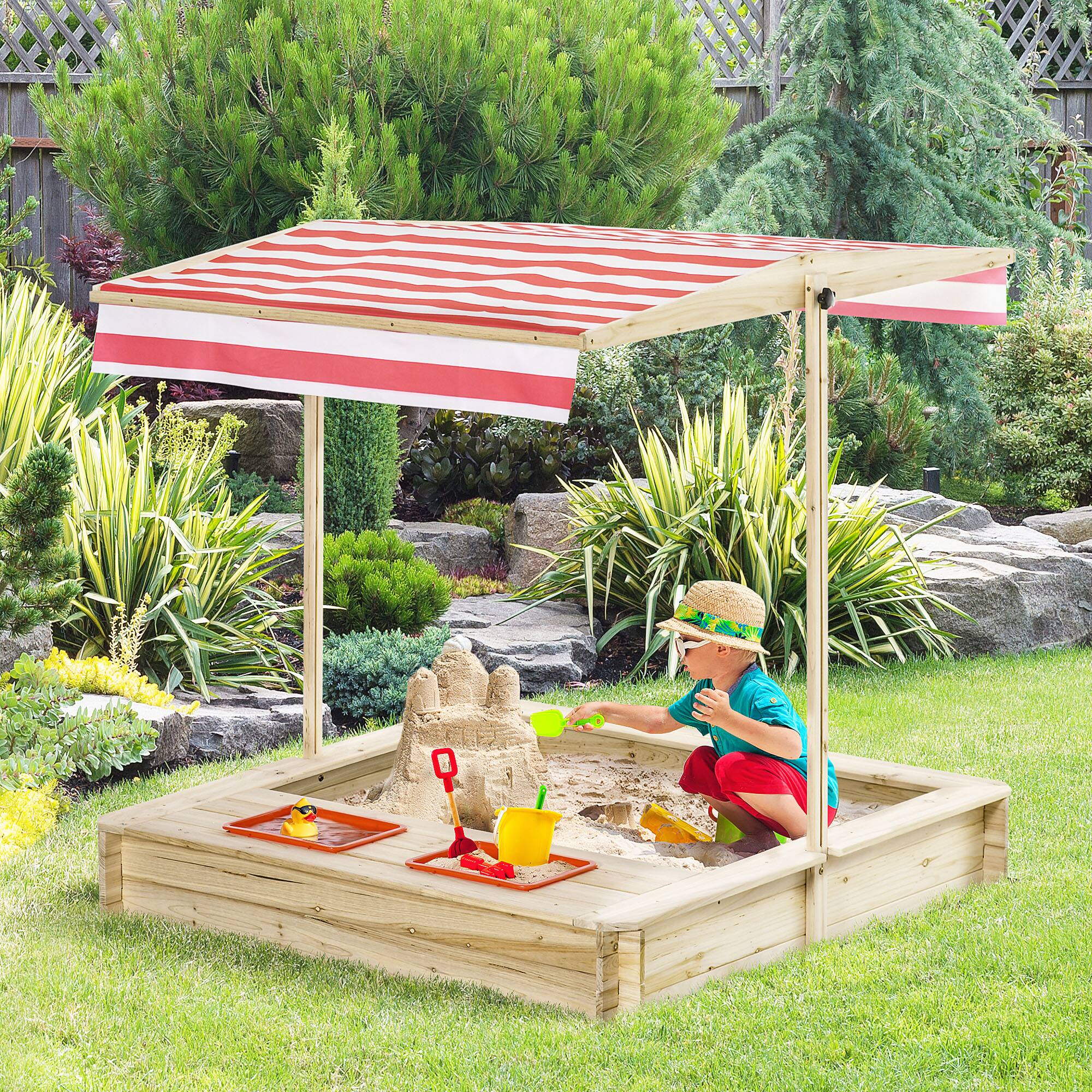 Angle. Outsunny - Kids Wooden Sandbox, Covered Children Sand Playset Outdoor, w/ Adjustable Canopy Shade, Bottom Liner.