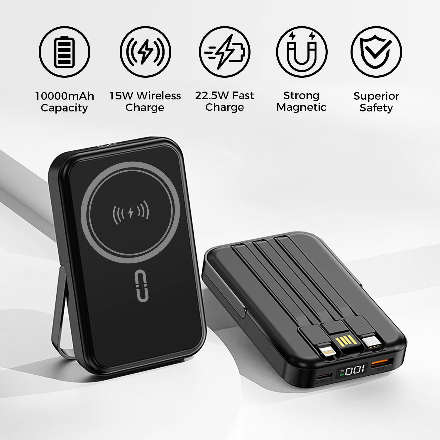 10000mAh Capacity, 15W Wireless Charge, 22.5W Fast Charge, Strong Magnetic, Superior Safety