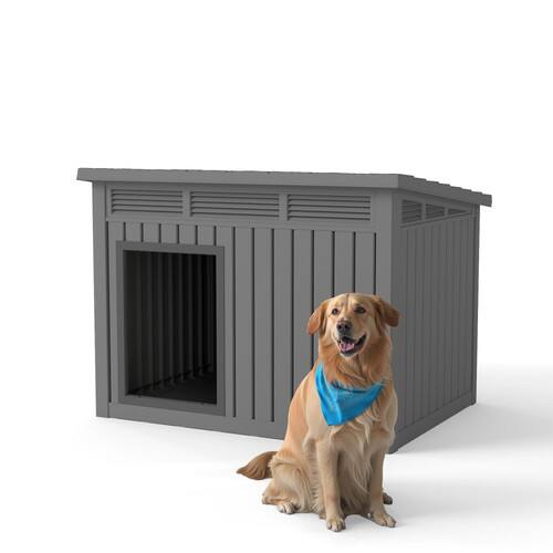 Front. Decksplore - All - Weather Dog House – Indoor/Outdoor, Slanted Roof ,UV - Resistant, Waterproof, Ventilated,.