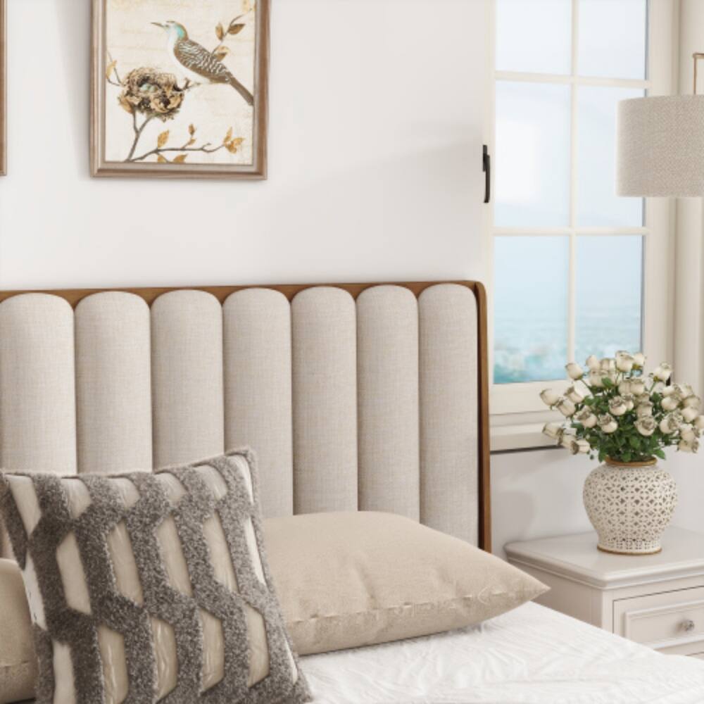 Back. LUCKY ONE - King Size Wood Bed with Piano Key Style Upholstered Headboard, Strengthened Frame, Wood Slats, No Box Spring Needed - Wheat.