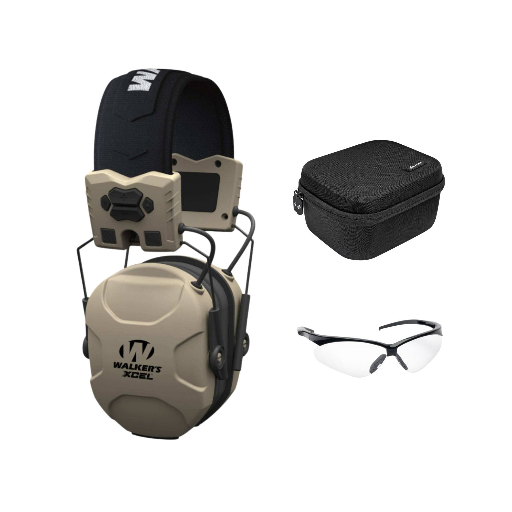 Walker’s - Walker's XCEL Electronic Muff with Shooting Glasses and Hard Case (3 Items) - Brown