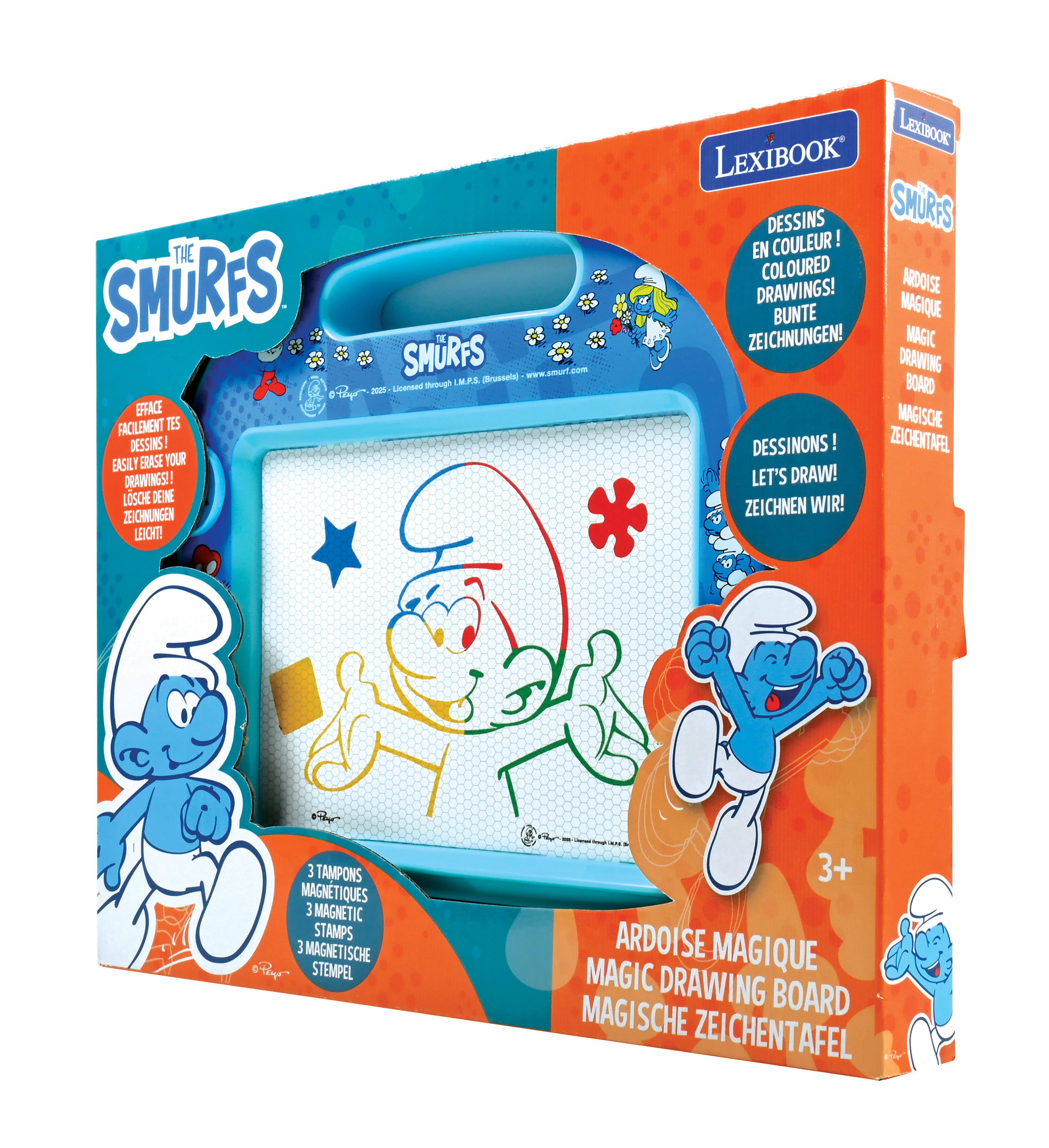 THE SMURFS  
LexiBook  
SMURFS  

Erase your drawings easily!  
Efface tes dessins facilement!  
Lösche deine Zeichnungen leicht!  
LexiBook  
Dessins en couleur!  
Coloured drawings!  
Bunte Zeichnungen!  
Let's draw!  
Zeichnen wir!  

3 magnetic stamps  
3 tampons magnétiques  
3 magnetische Stempel  

Magic drawing board  
Ardoise magique  
Magische Zeichentafel  

3+