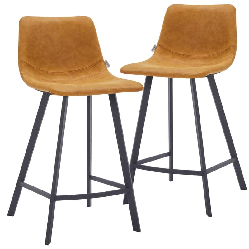 LeisureMod - Elland Counter Stool, Modern Upholstered Leather Counter Height Barstool with Iron Legs and Footrest Set of 2 - Light Brown