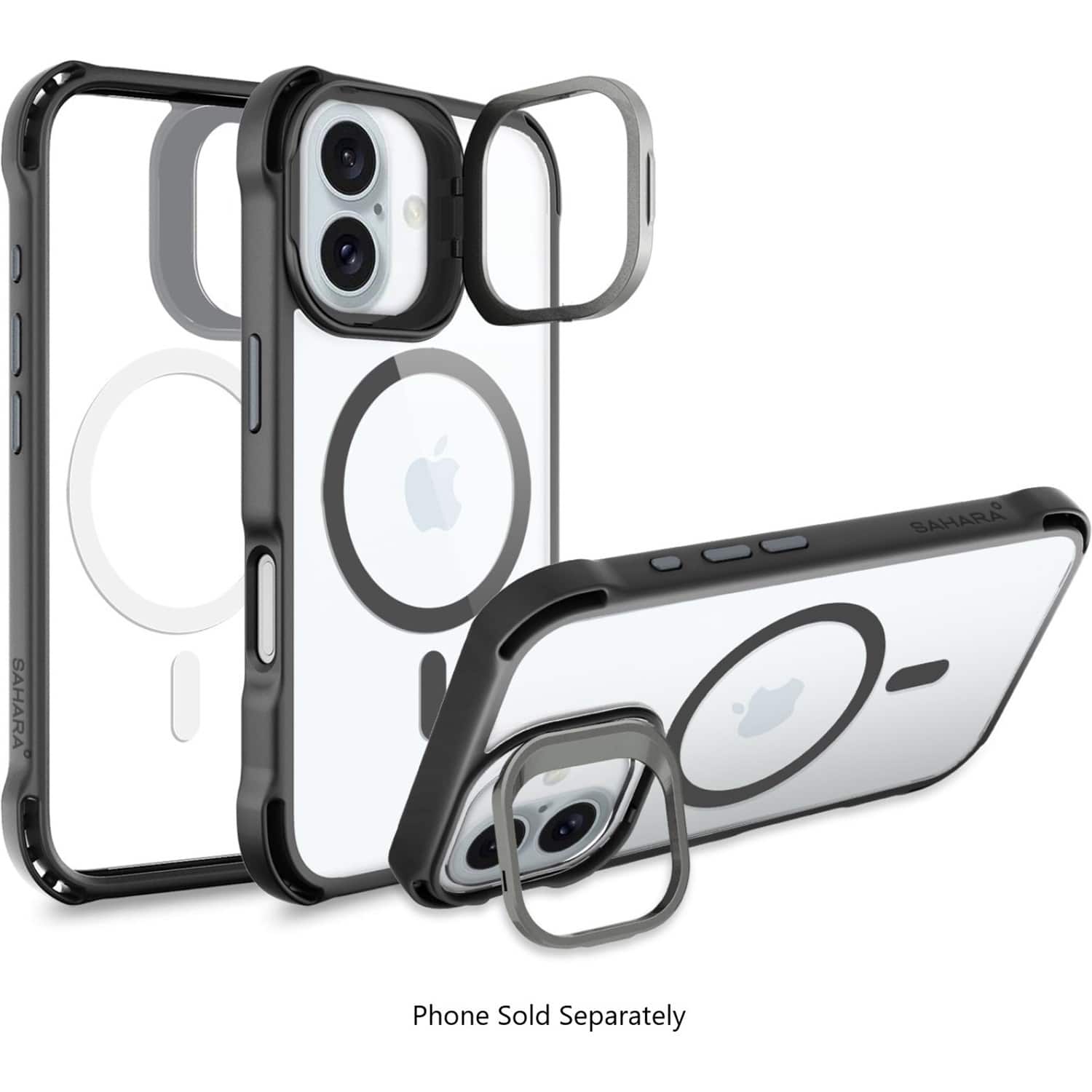 The image shows a collection of Apple iPhone cases, including a case with a camera lens cover. The cases are displayed in various positions, such as laying flat, standing up, and stacked on top of each other. The text on the image reads "Phone Sold Separately," indicating that the phone is not included with the cases.
