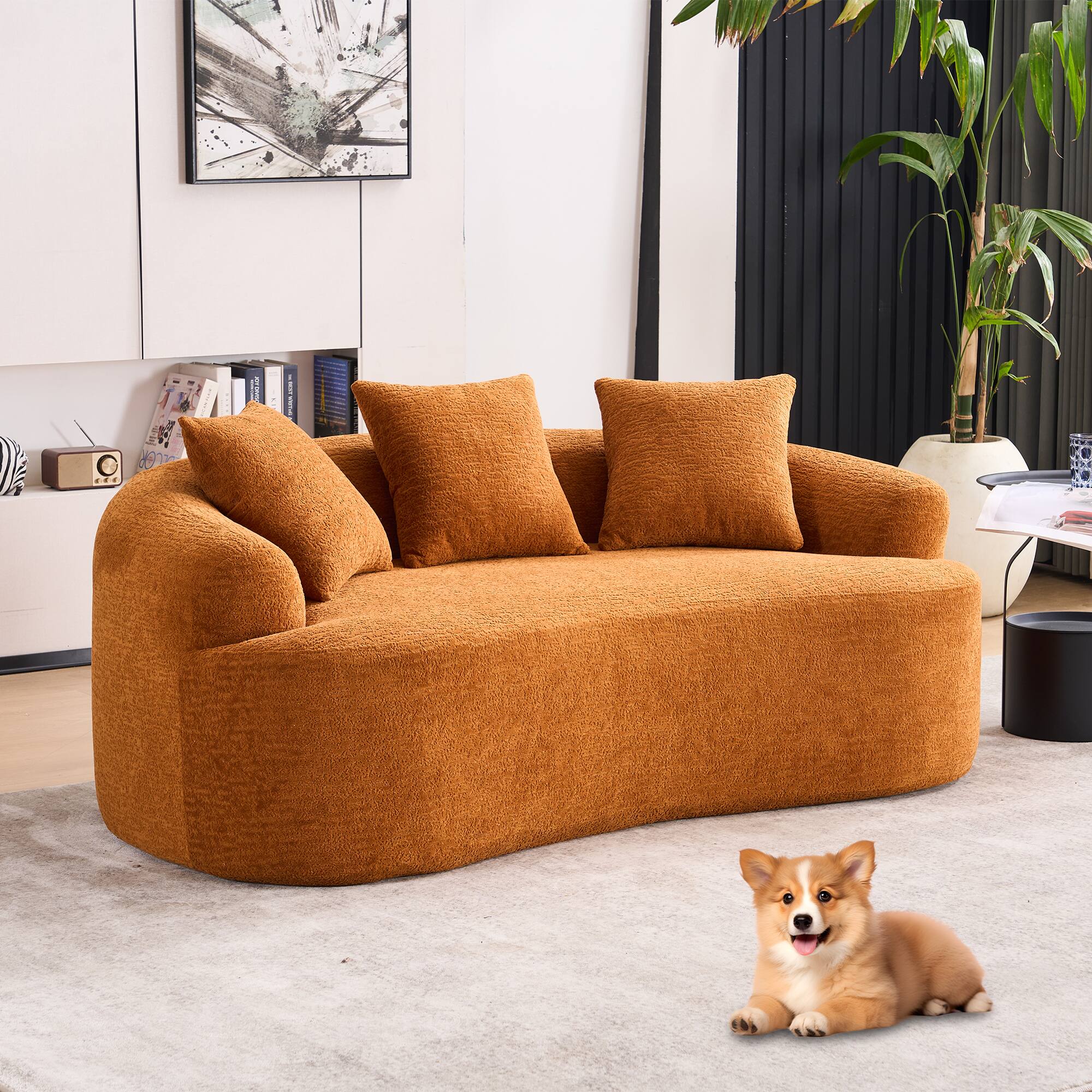 Alt View 8. Ecooso - Compact Loveseat Sofa with Curved Design, Full Sponge Cushion & 3 Pillows, No-Assembly Upholstered Small Sofa - Orange.