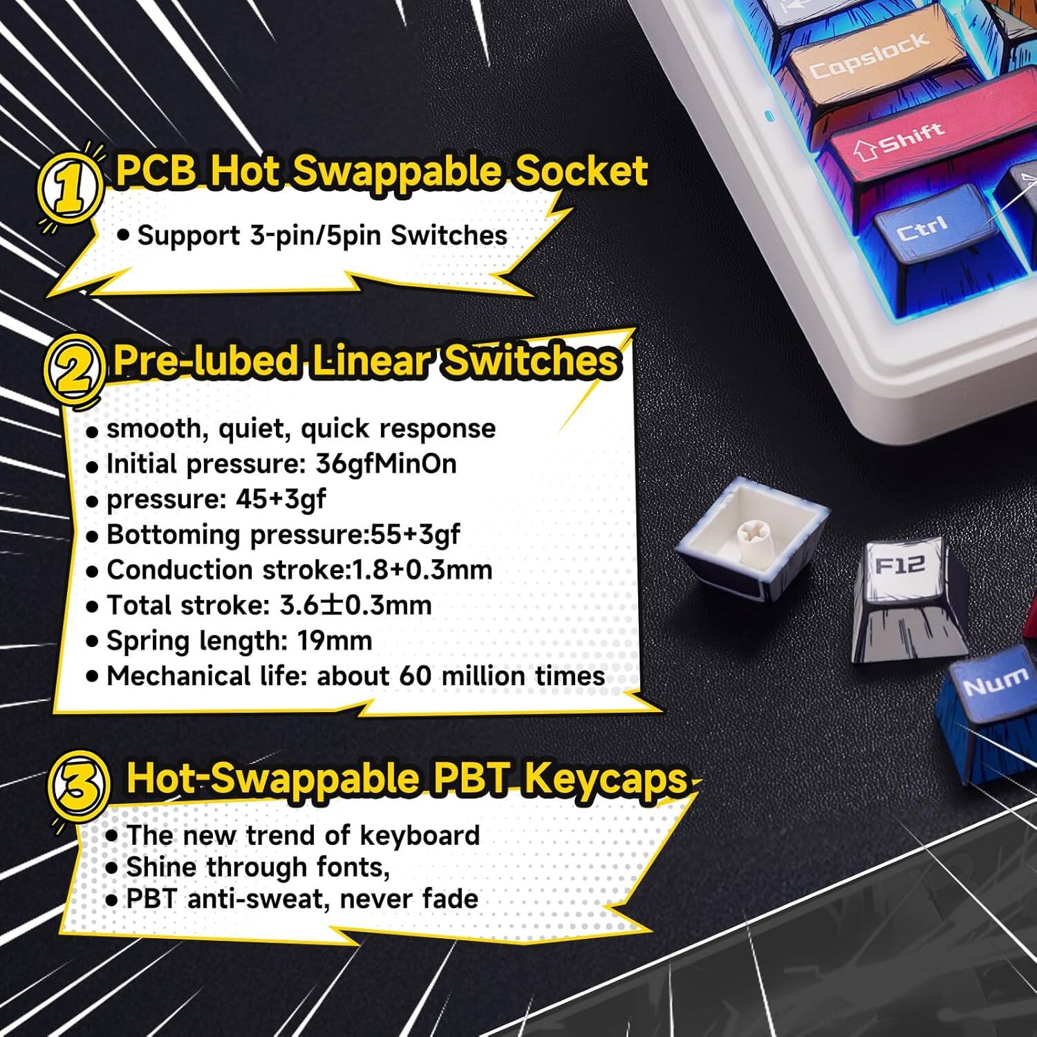 1. **PCB Hot Swappable Socket**
   - Support 3-pin/5pin Switches

2. **Pre-lubed Linear Switches**
   - Smooth, quiet, quick response
   - Initial pressure: 36gf
   - MinOn pressure: 45+3gf
   - Bottoming pressure: 55+3gf
   - Conduction stroke: 1.8+0.3mm
   - Total stroke: 3.6±0.3mm
   - Spring length: 19mm
   - Mechanical life: about 60 million times

3. **Hot-Swappable PBT Keycaps**
   - The new trend of keyboard
   - Shine through fonts
   - PBT anti-sweat, never fade