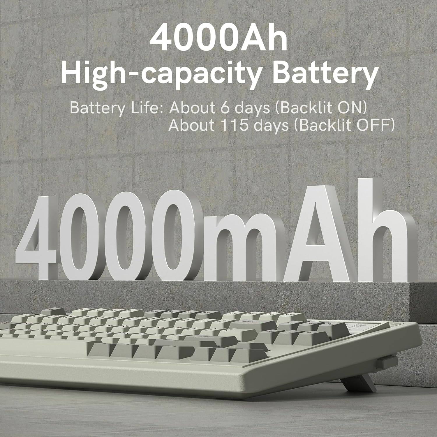 4000Ah High-capacity Battery  
Battery Life: About 6 days (Backlit ON)  
About 115 days (Backlit OFF)  

4000mAh