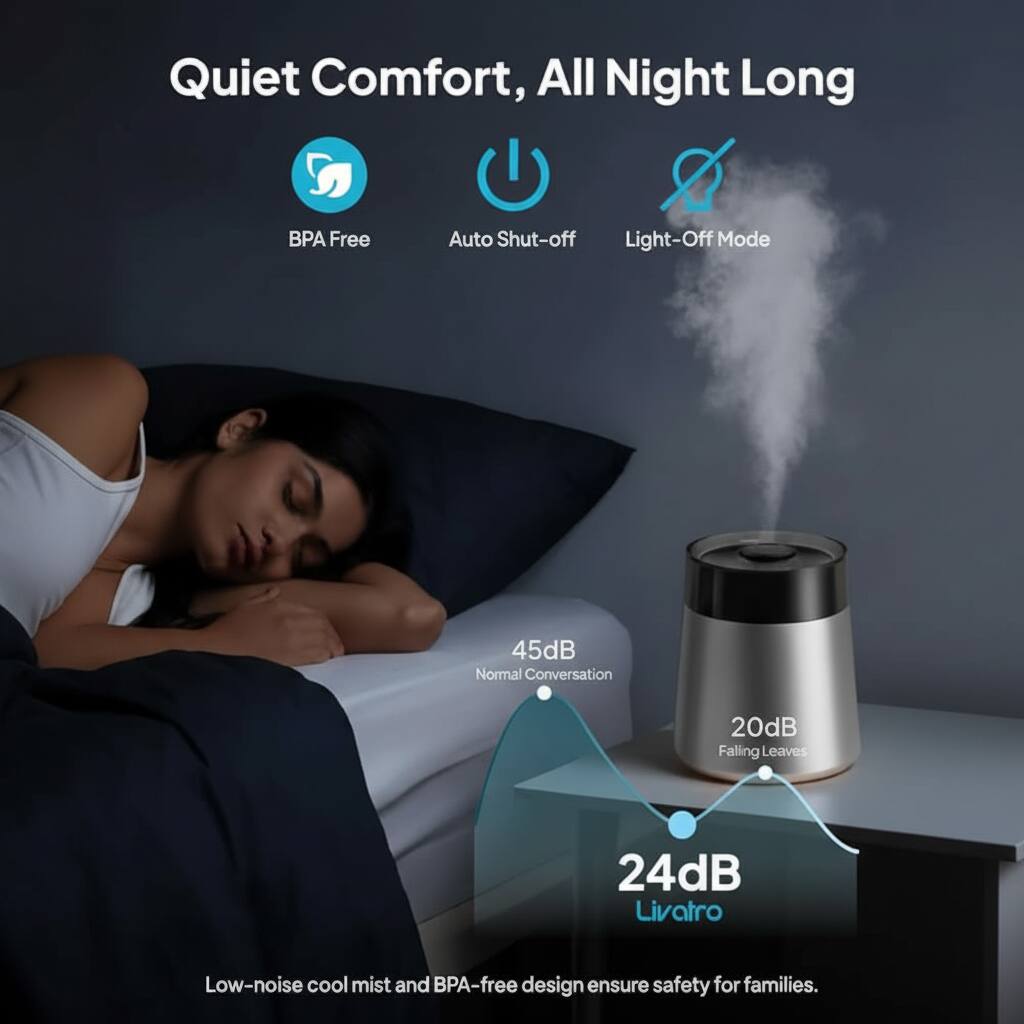 Quiet Comfort, All Night Long

- BPA Free
- Auto Shut-off
- Light-Off Mode

45dB Normal Conversation  
20dB Falling Leaves  
24dB Livatro

Low-noise cool mist and BPA-free design ensure safety for families.