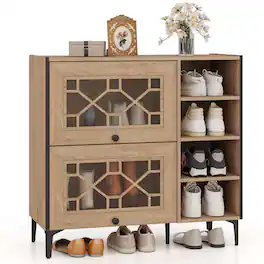 Costway - Shoe Storage Cabinet with Flip Doors Adjustable and Removable Shelves for Entryway - Oak