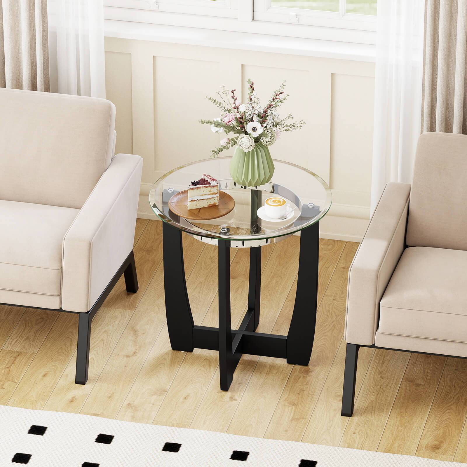Alt View 4. Costway - Costway 2 PCS 24" Round Side Table Glass End Table with Tempered Glass Top Cross - Transparent,Black.