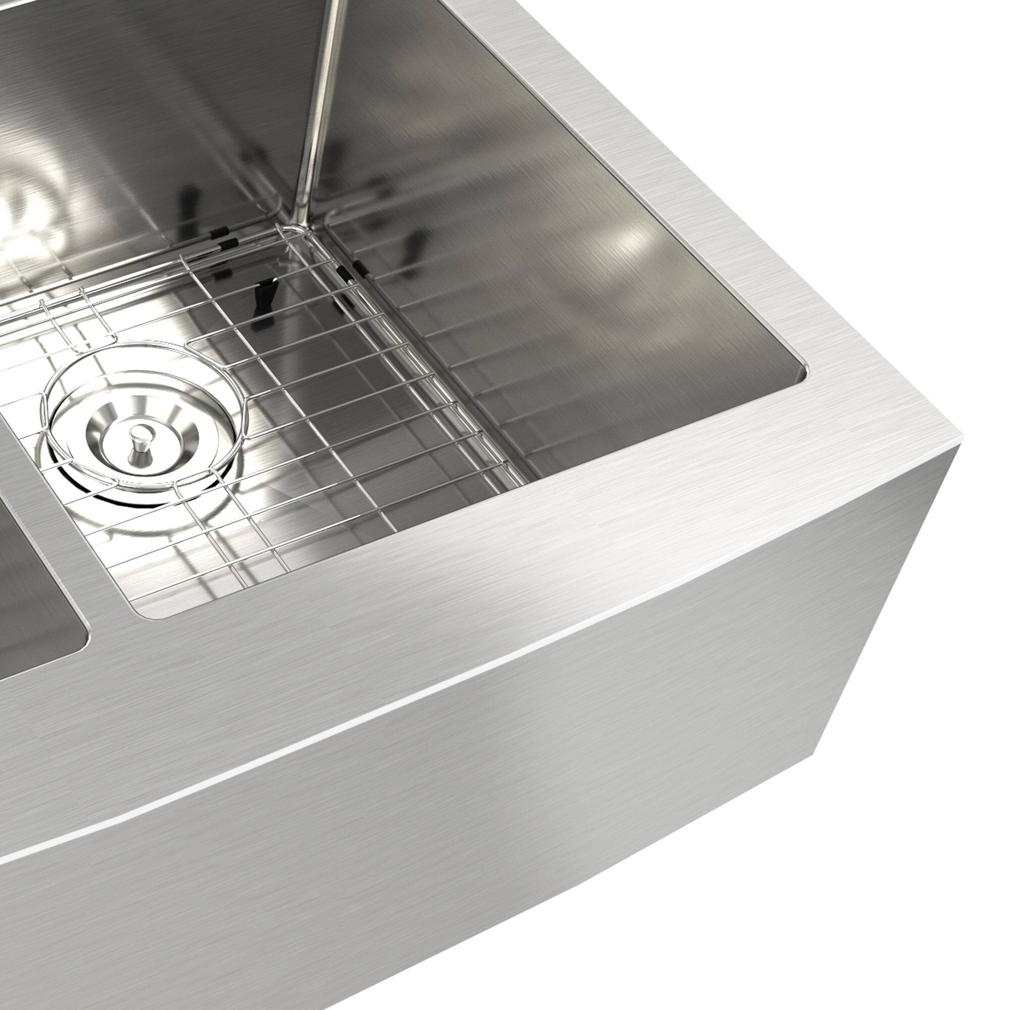 Alt View 9. Boyel Living - 33 in. Farmhouse/Apron-Front Double Bowl 18 Gauge Stainless Steel Kitchen Sink with Bottom Grids and Strainer Basket - Silver.