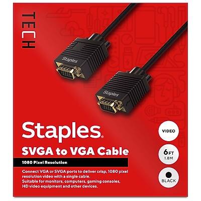 **TECH**

**Staples**

**SVGA to VGA Cable**

**1080 Pixel Resolution**

Connect SVGA or VGA ports to deliver crisp, 1080 pixel resolution video with a single cable. Suitable for monitors, computers, gaming consoles, HD video equipment and other devices.

**VIDEO**

**6FT 1.8M**

**BLACK**