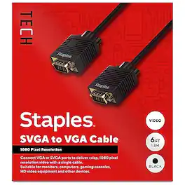 Staples TECH - 6 ft. SVGA to VGA Audio/Video Cable, Male to Male - Black