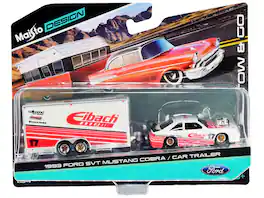 1993 Ford SVT Mustang Cobra #17 & Enclosed Car Trailer "Eibach" White w/Red Stripes "Tow & Go" 1/64 Model Cars by Maisto