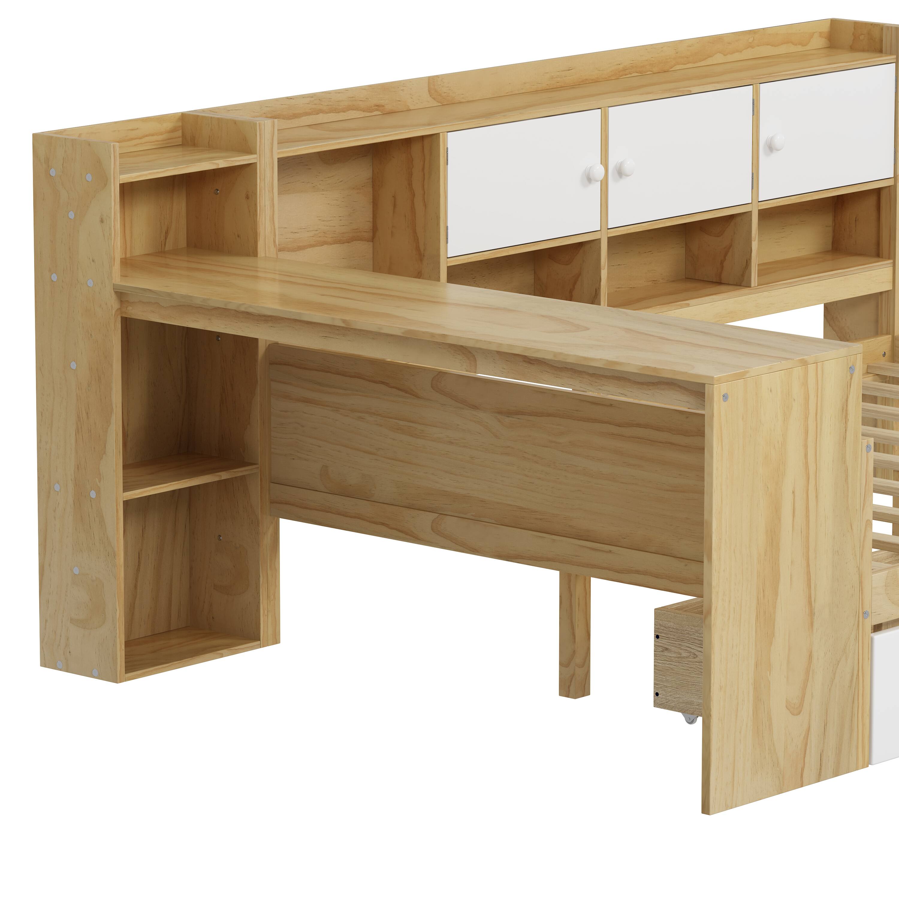 Alt View 8. Tiramisubest - Wooden L-Shape Daybed with Storage Cabinets and Drawers, Multi-functional Bed with Study Desk and Built-in Bookshelf - Natural+White.