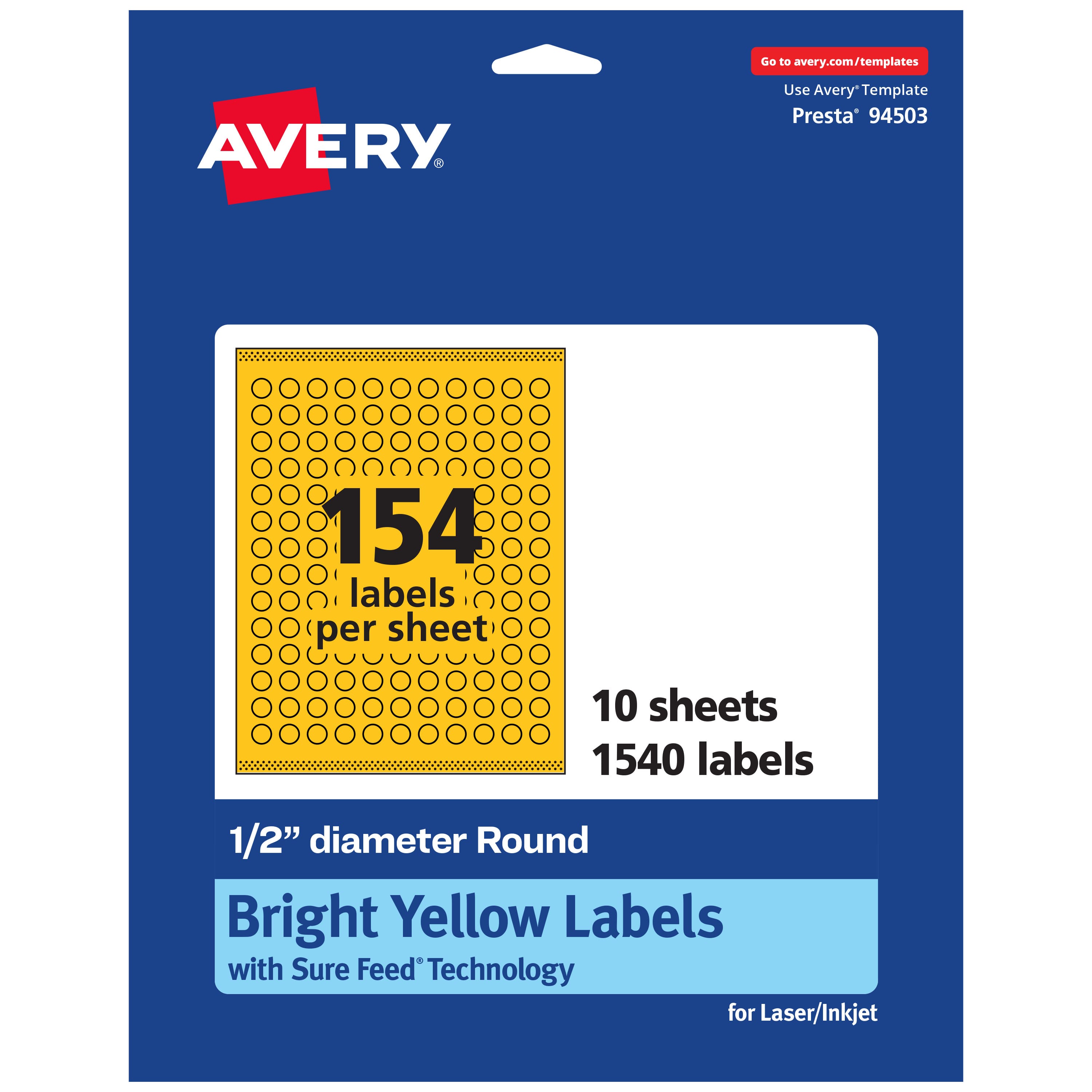 Avery - Printable Round Labels, Bright 0.5" Diameter, 1,540ct - Yellow