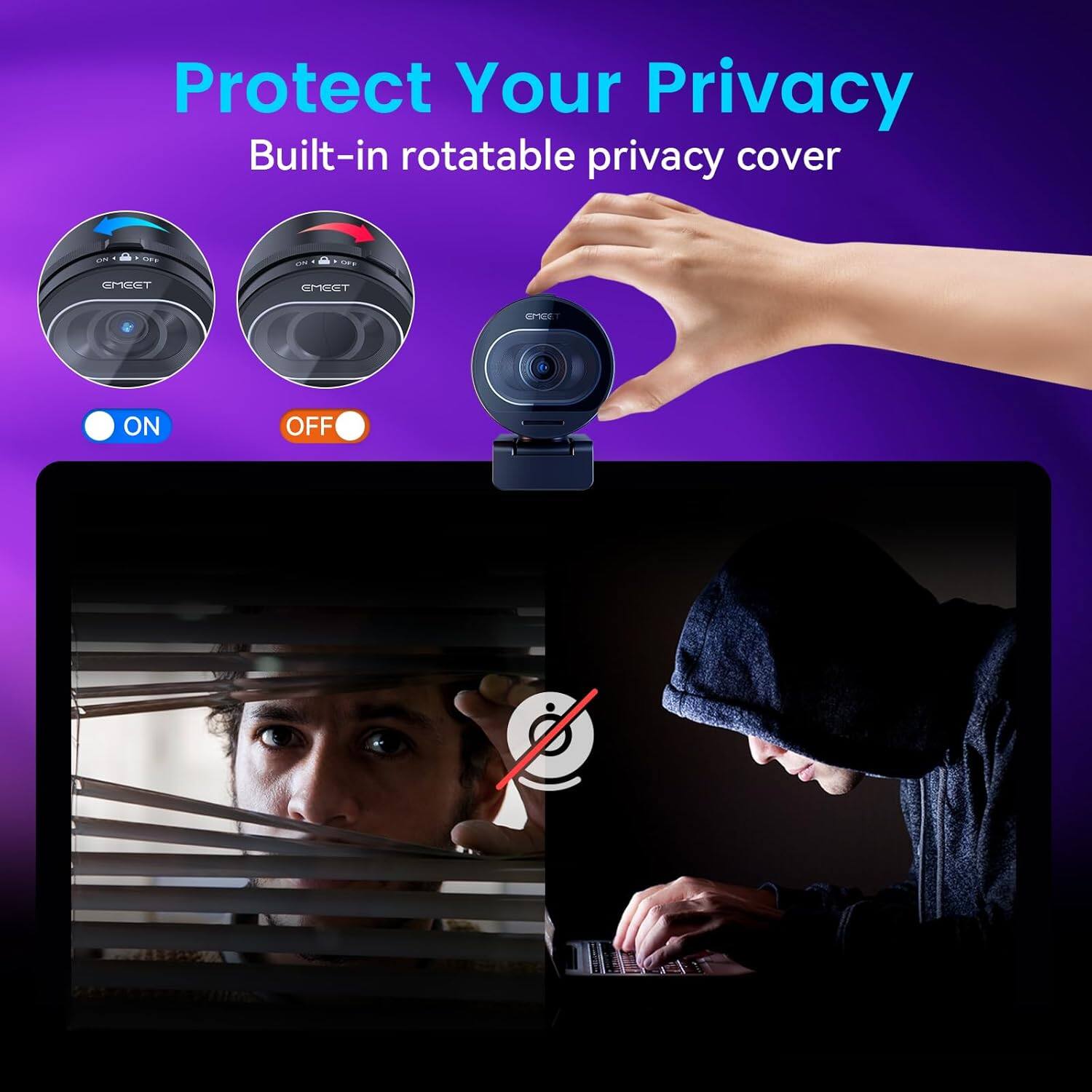 Protect Your Privacy  
Built-in rotatable privacy cover  

ON  
OFF
