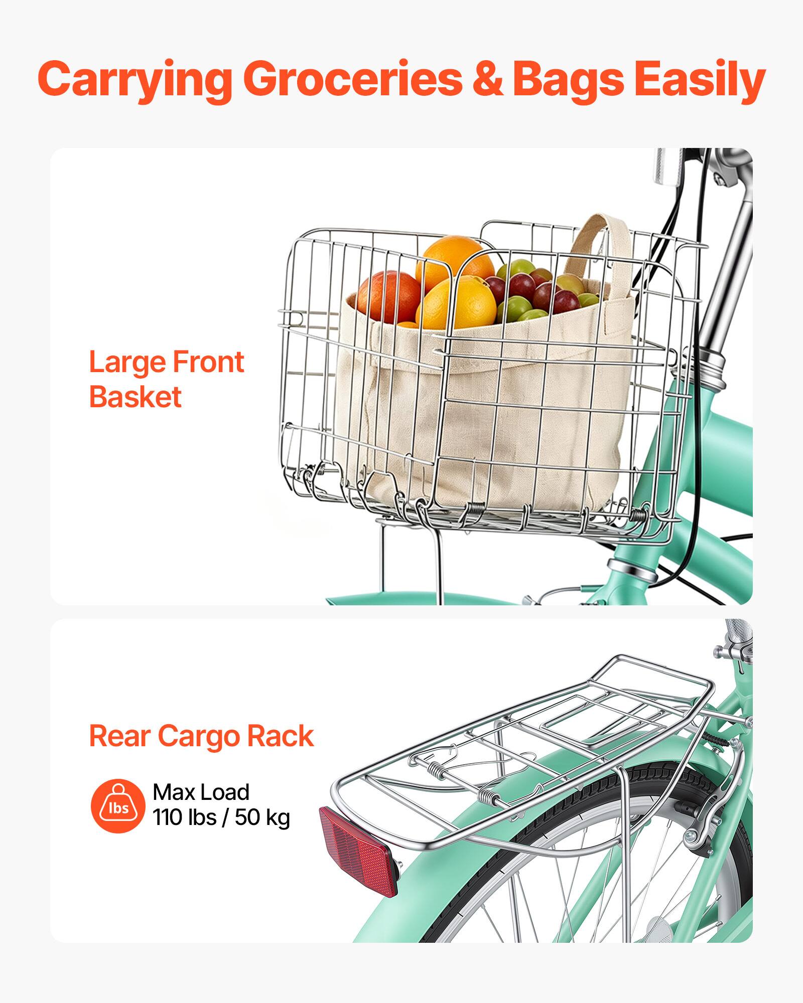 Carrying Groceries & Bags Easily  
Large Front Basket  
Rear Cargo Rack  
Max Load: 110 lbs / 50 kg