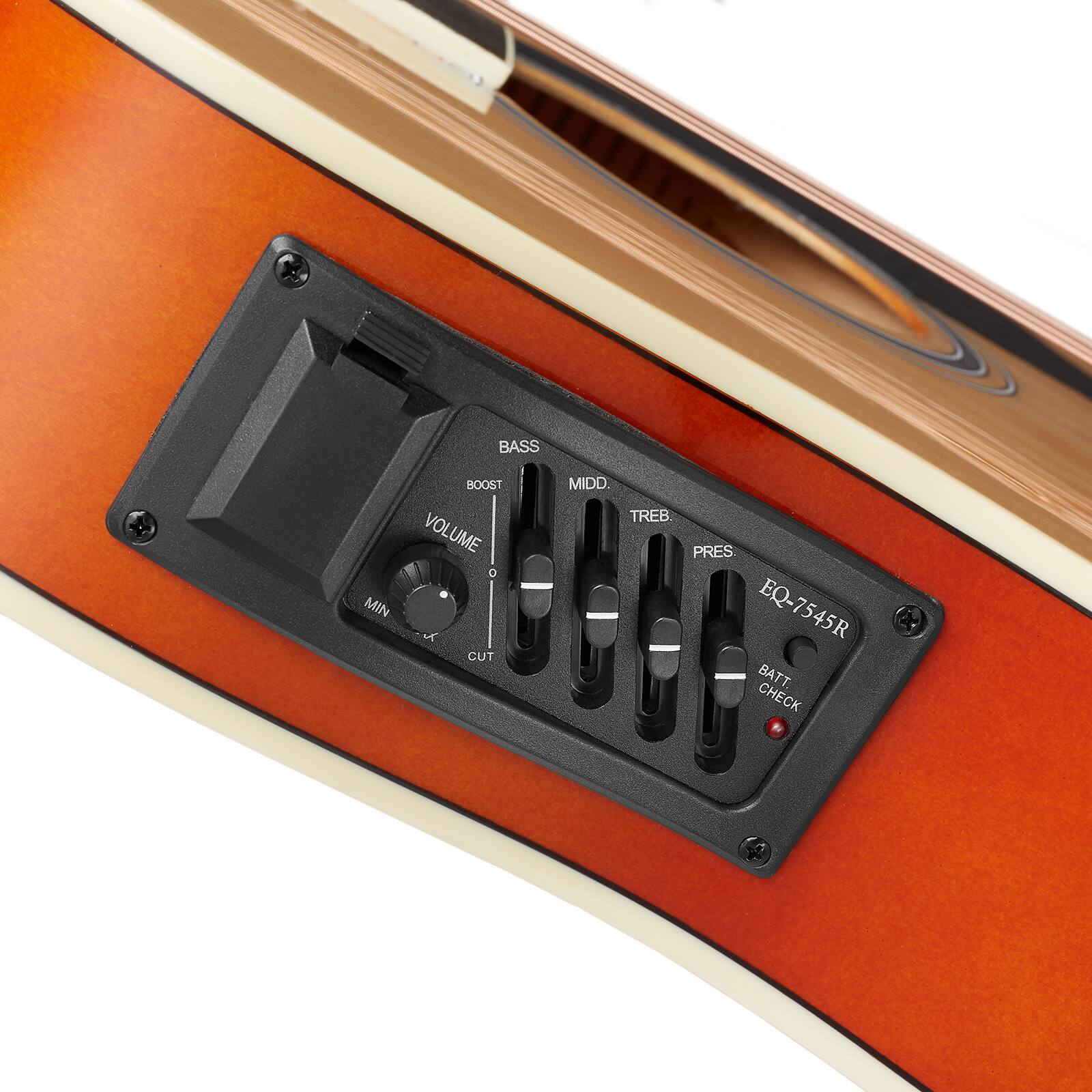 BASS MIN BOOST VOLUME VOL D J CUT MIDD TREB PRES EQ-7545R BATT. CHECK