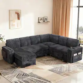 Dyonery - 110" Modular Sectional Sofa with Pull Out Bed,Corduroy Fabric 7 Seat Sectional Sleeper Sofa with Storage,for Living Room - Gray