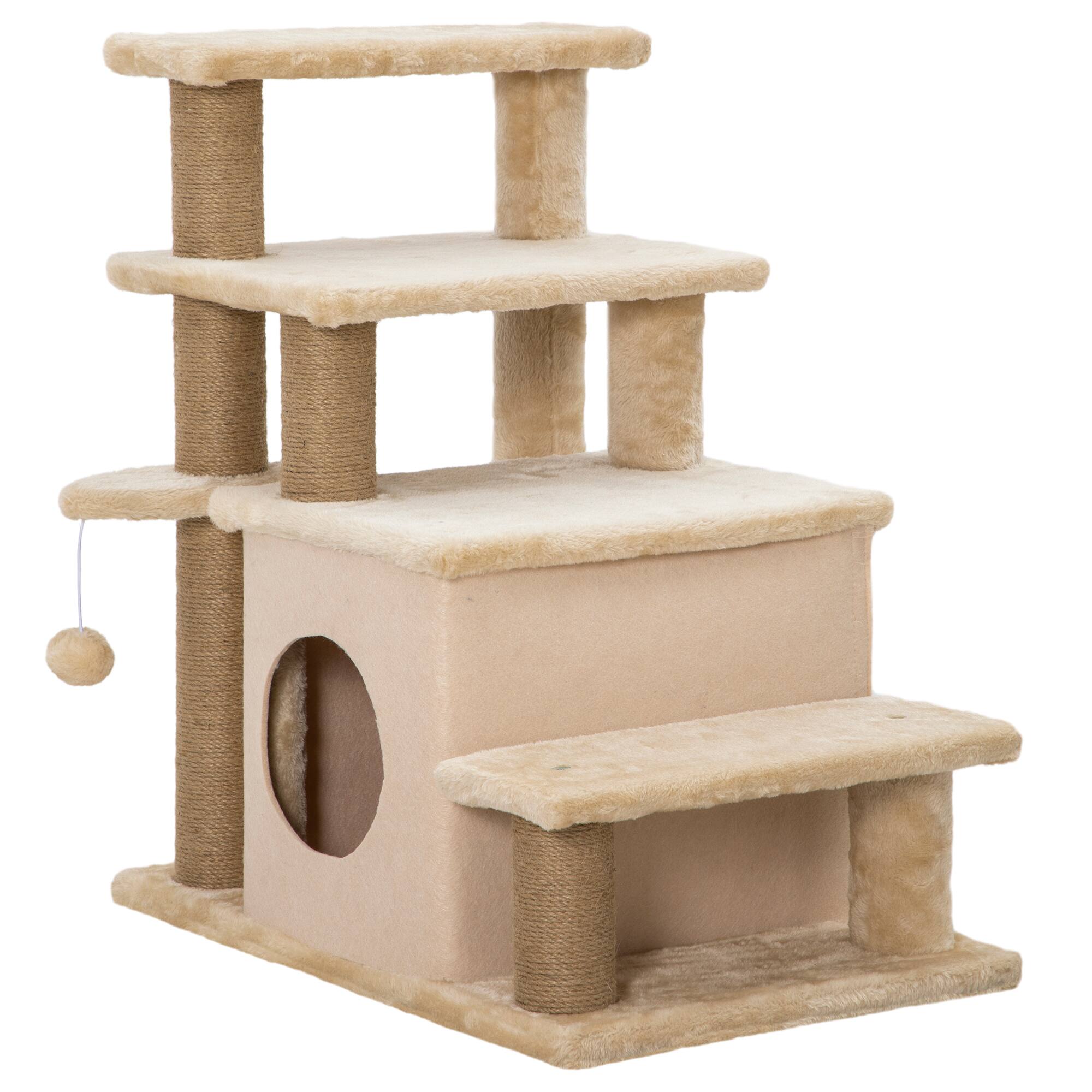 Front. Pawhut - Height 3 Step/4 Step Cat Stairs w/ Jute Cat Scratching Post, Cat Condo, Toy Ball, for Bed, Sofa - Beige.