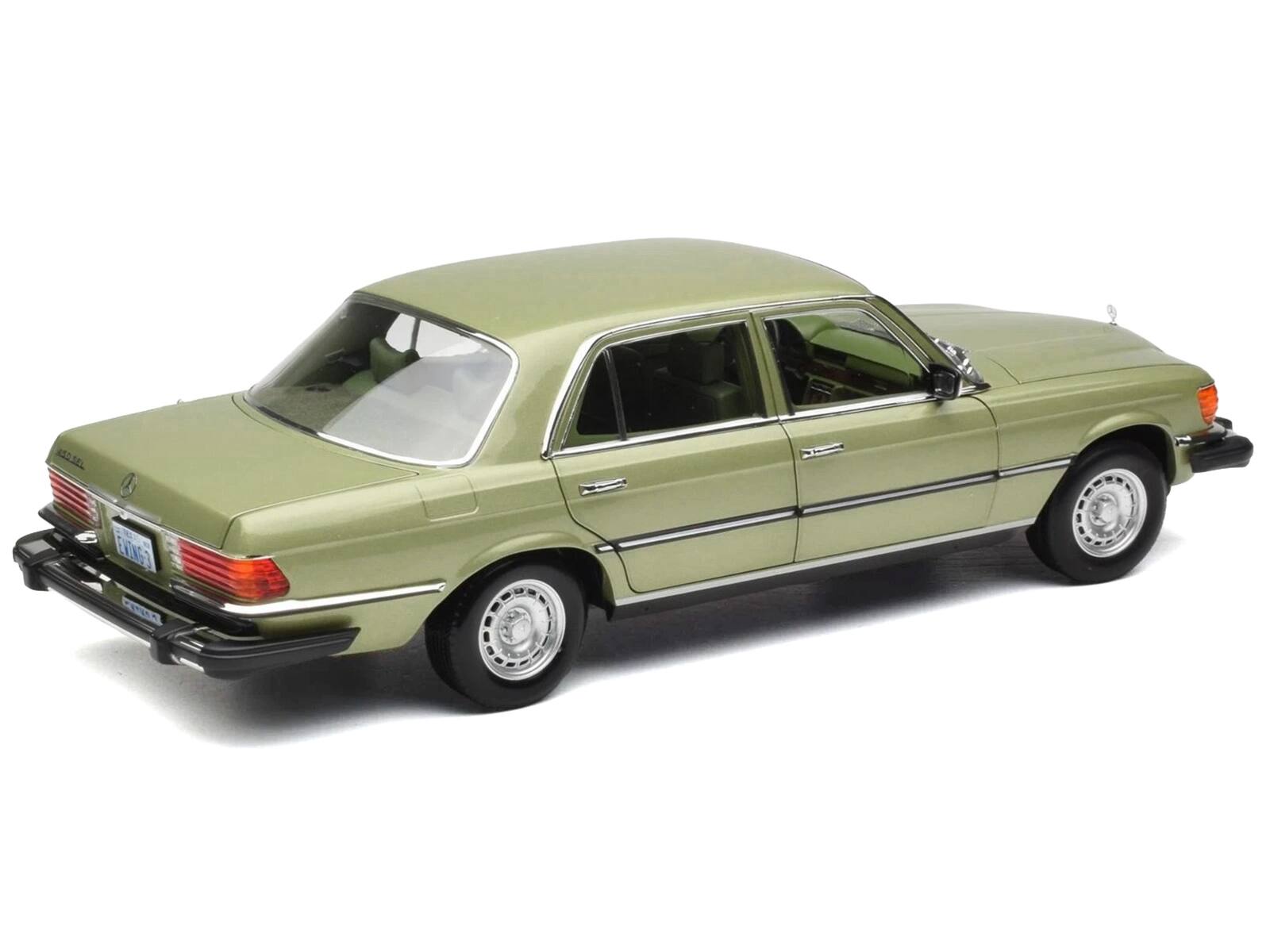 Back. Norev - 1979 Mercedes-Benz 450 SEL (US Version) Silver Green Metallic with Green Interior 1/18 Diecast Model Car by Norev - Silver, Green Metallic.