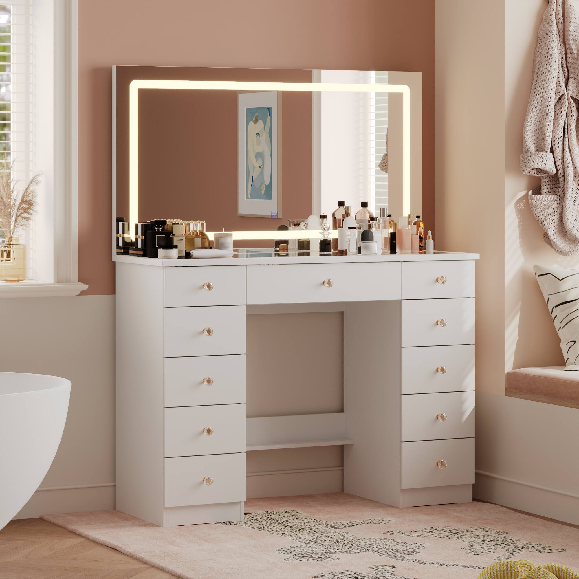 Alt View 2. Famapy - Large LED Vanity Desk with Oversized Illuminated Mirror, 3 - Color Lighting, Ample Storage Drawers & Crystal Knobs - White.