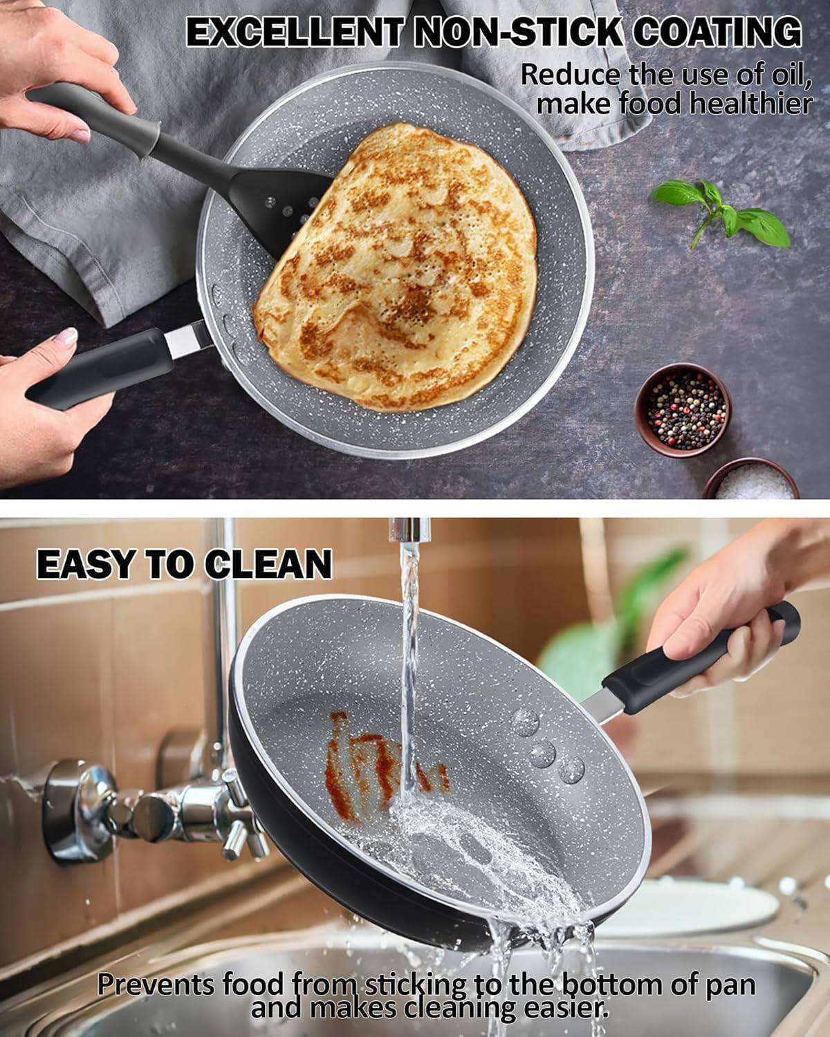 EXCELLENT NON-STICK COATING  
Reduce the use of oil, make food healthier  

EASY TO CLEAN  
Prevents food from sticking to the bottom of pan and makes cleaning easier.