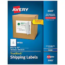 Avery - TrueBlock Inkjet Shipping Labels, 8.5" x 11", 100 Labels/Box - Matte White