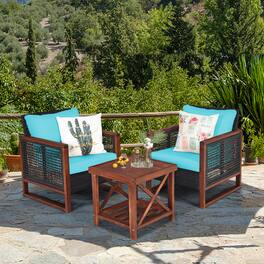 Gymax - 3PCS Rattan Wicker Patio Conversation Set Outdoor Furniture Set w/ Cushion - Turquoise