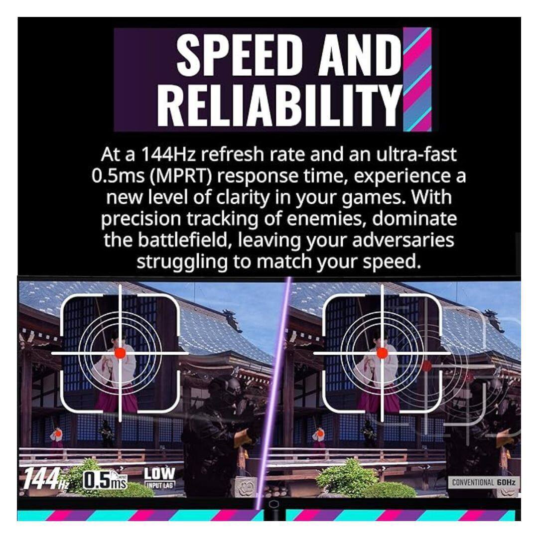 SPEED AND RELIABILITY

At a 144Hz refresh rate and an ultra-fast 0.5ms (MPRT) response time, experience a new level of clarity in your games. With precision tracking of enemies, dominate the battlefield, leaving your adversaries struggling to match your speed.

144Hz  
0.5ms  
LOW INPUT LAG

CONVENTIONAL 60Hz