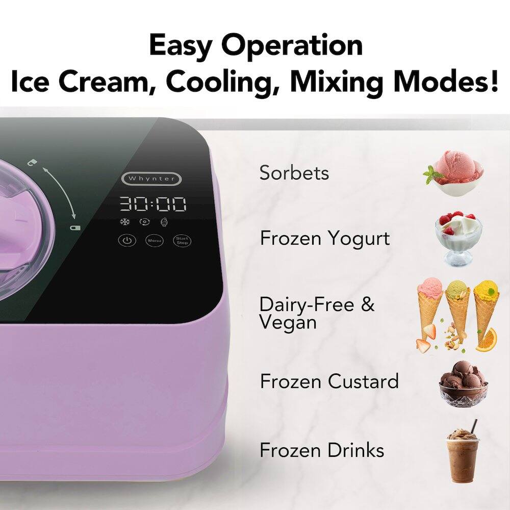Easy Operation Ice Cream, Cooling, Mixing Modes!  
Whynter 30:00  
Sorbets  
Frozen Yogurt  
Dairy-Free & Vegan  
Frozen Custard  
Frozen Drinks