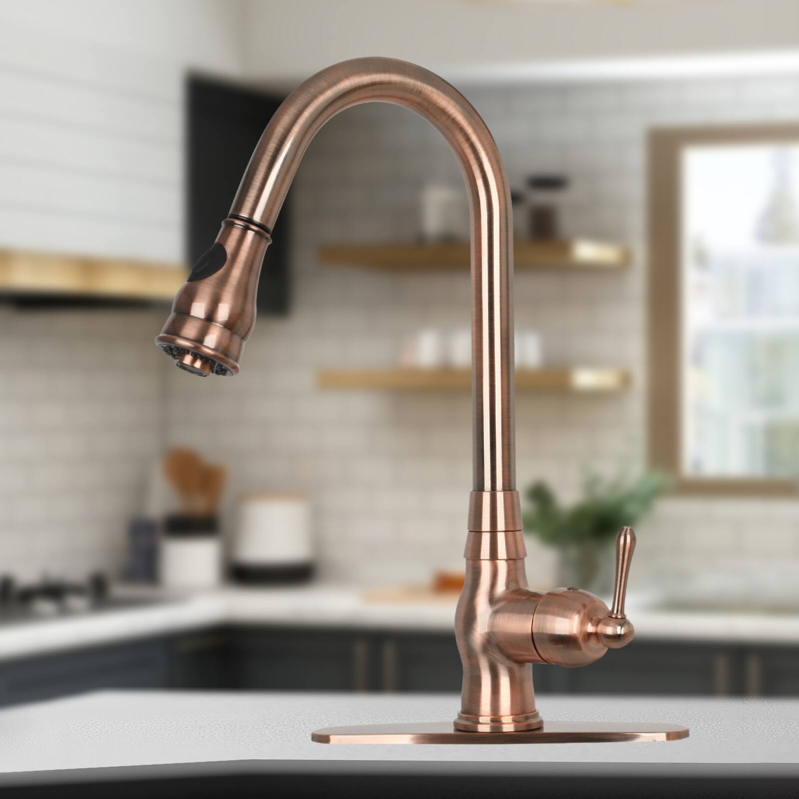 Alt View 7. Akicon - Akicon Solid Brass One-Handle Kitchen Faucet with Pull Down Sprayer in Antique Copper - Antique Copper.