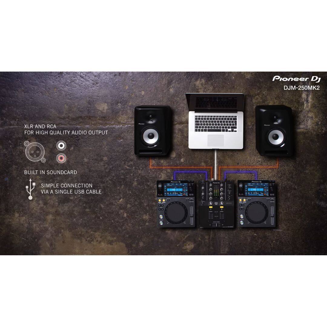 Pioneer DJ DJM-250MK2  
XLR AND RCA FOR HIGH QUALITY AUDIO OUTPUT  
BUILT IN SOUND CARD  
SIMPLE CONNECTION VIA A SINGLE USB CABLE