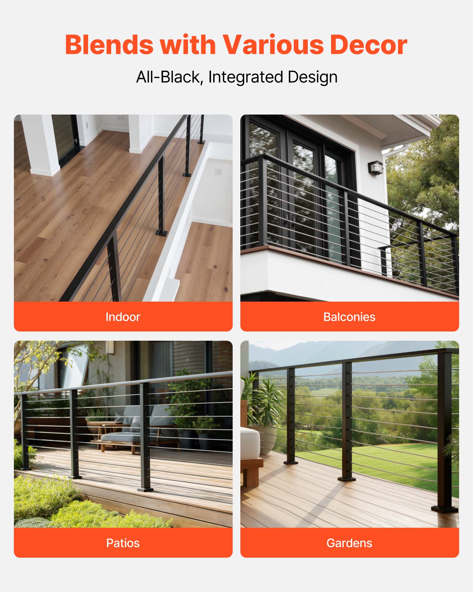 Blends with Various Decor  
All-Black, Integrated Design  

Indoor  
Balconies  
Patios  
Gardens