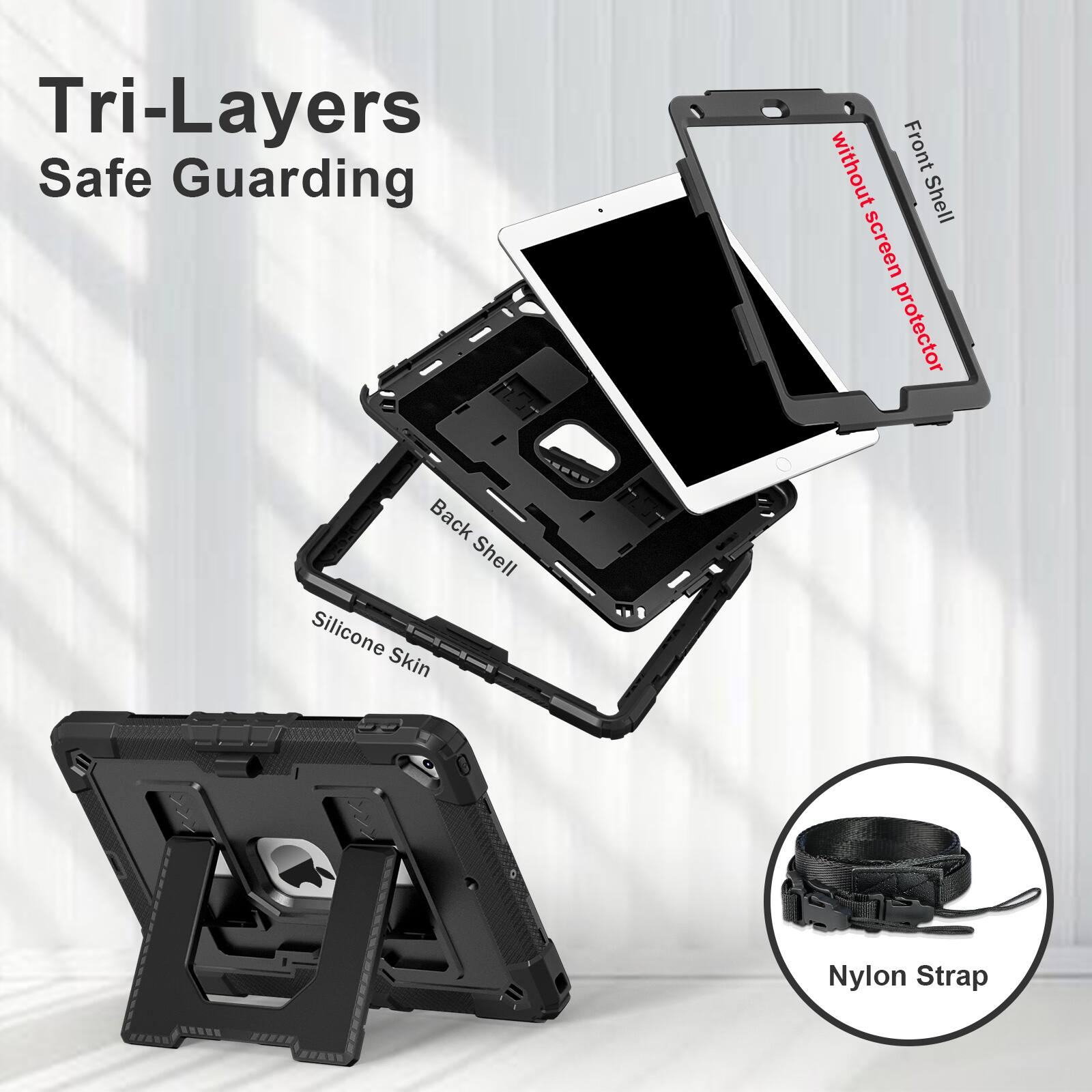 Tri-Layers Safe Guarding without Front Shell screen protector Back Shell Silicone Skin Nylon Strap