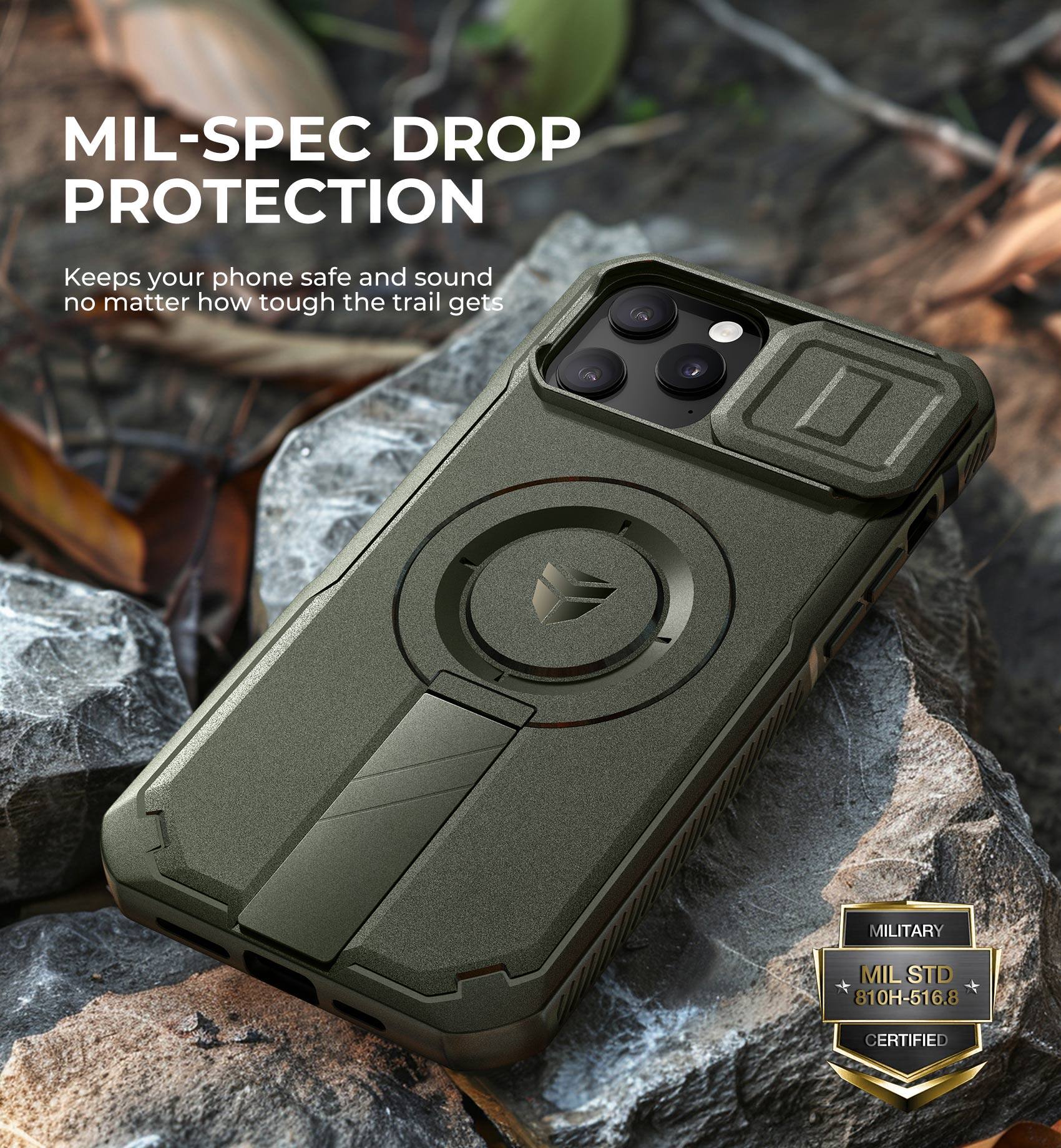 MIL-SPEC DROP PROTECTION  
Keeps your phone safe and sound no matter how tough the trail gets  

MILITARY  
MIL STD 810H-516.8 CERTIFIED
