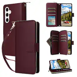 Dteck - Crossbody Wallet Case for Samsung Galaxy S26+, Shockproof Zipper Pocket PU Leather Folio Cover with 9 Card Slots - Winered