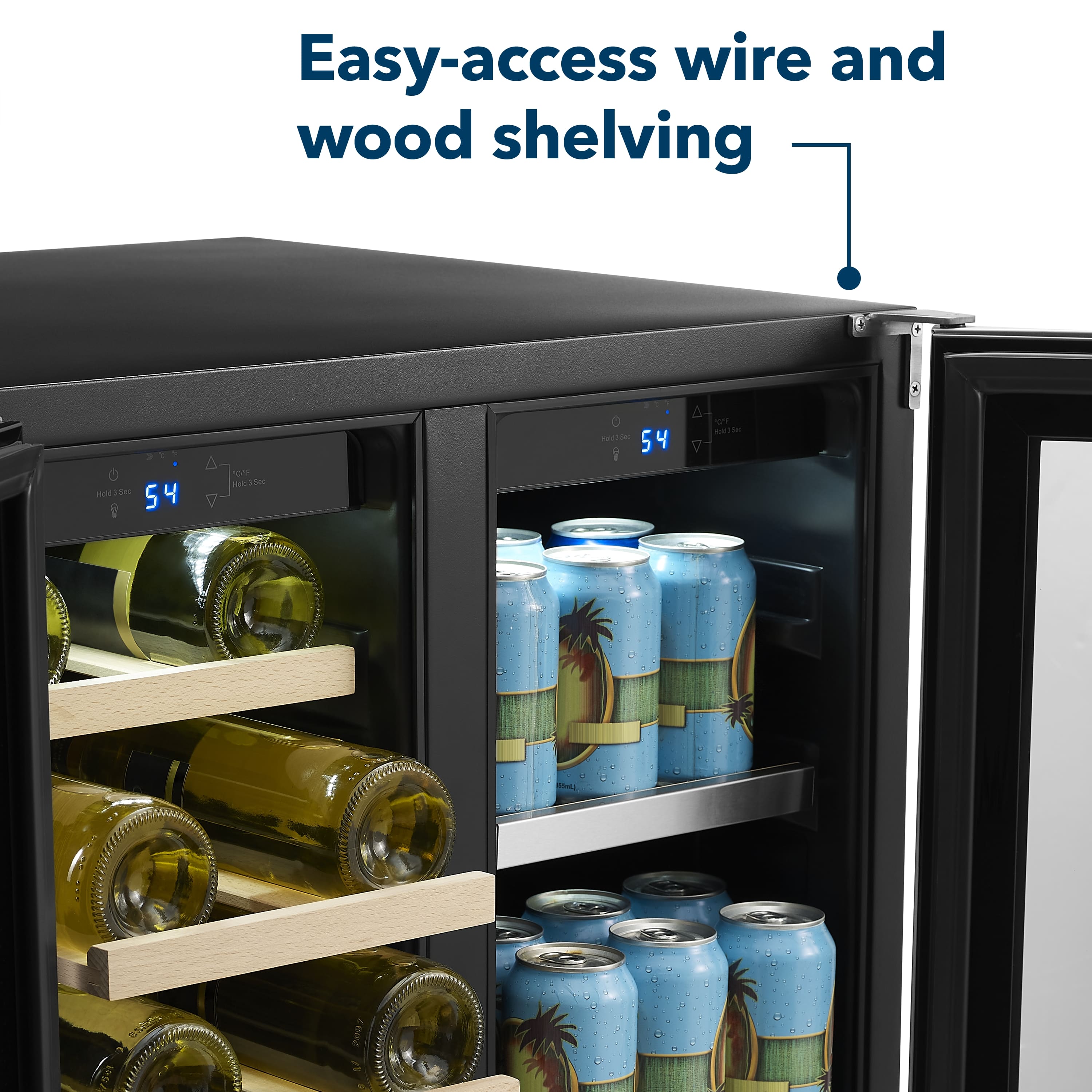 Easy-access wire and wood shelving.