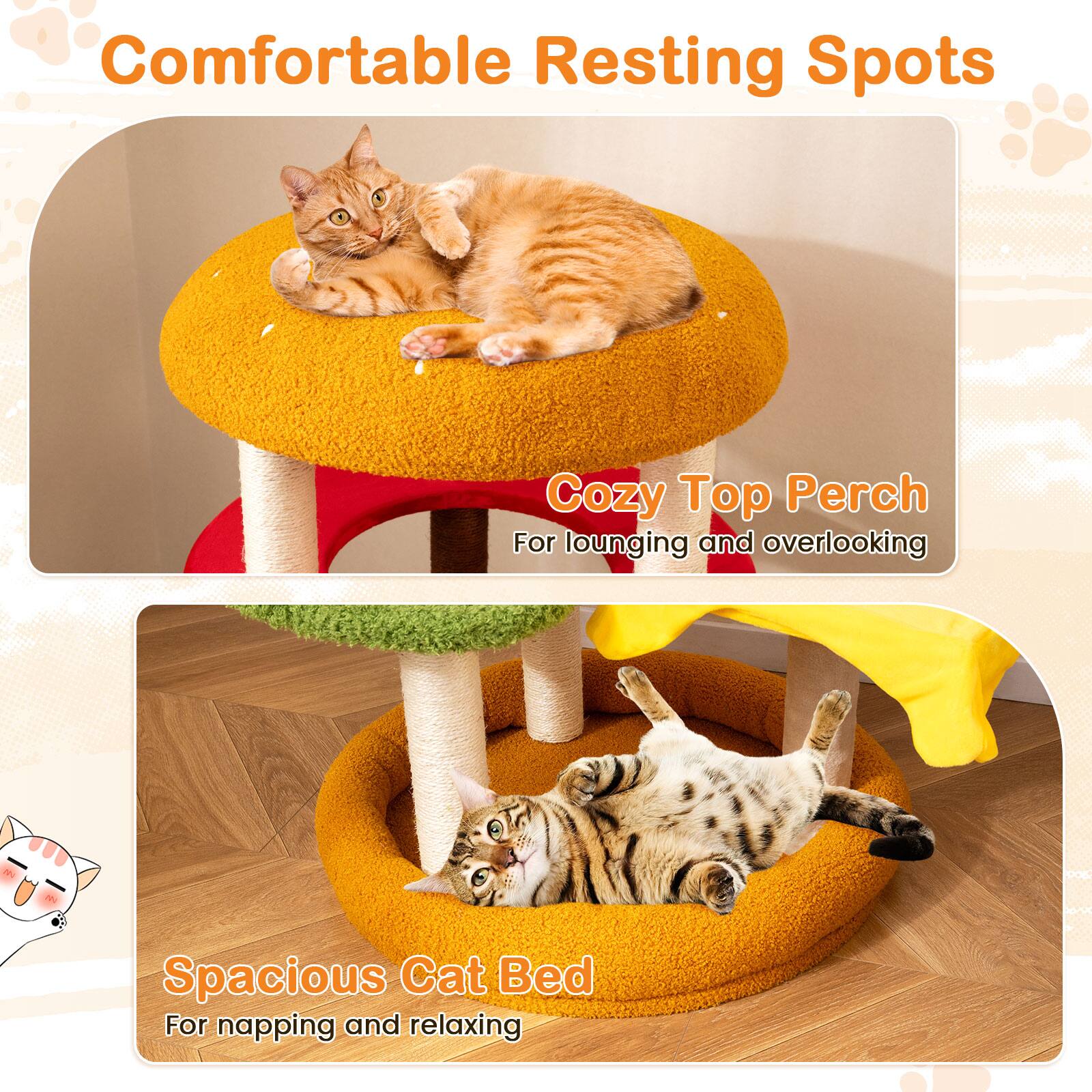 Comfortable Resting Spots

Cozy Top Perch  
For lounging and overlooking

Spacious Cat Bed  
For napping and relaxing