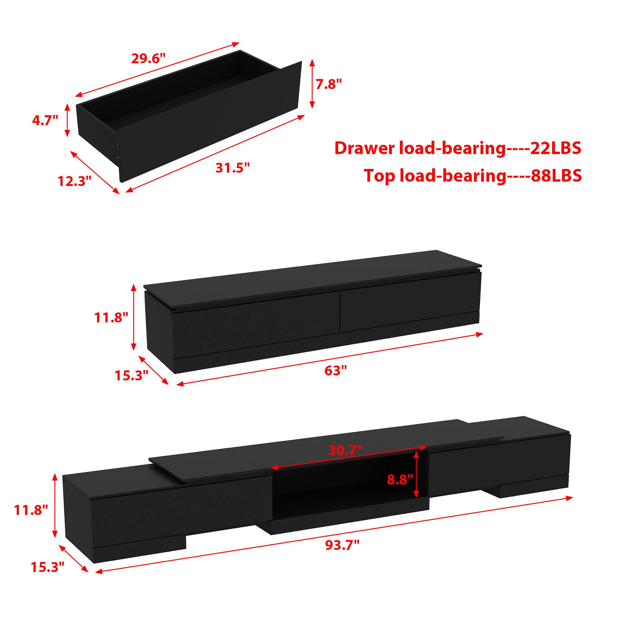 The text on the image is grouped and corrected as follows:

1. Drawer load-bearing: 22LBS
2. Top load-bearing: 88LBS
3. 11.8"
4. 15.3"
5. 63"
6. 30.7"
7. 8.8"
8. 11.8"
9. 15.3"
10. 93.7"