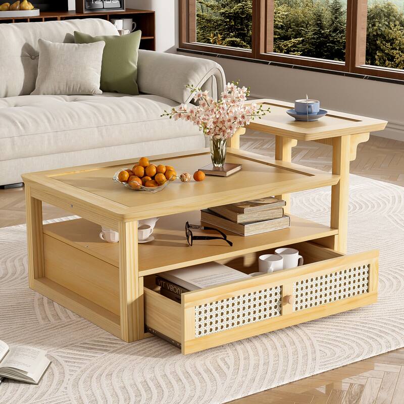 Bestier - Modern Coffee Table with 1 Storage Shelf 2 Tabletops and 1 Rattan Drawer Perfect for Living Room Decoration - Natural