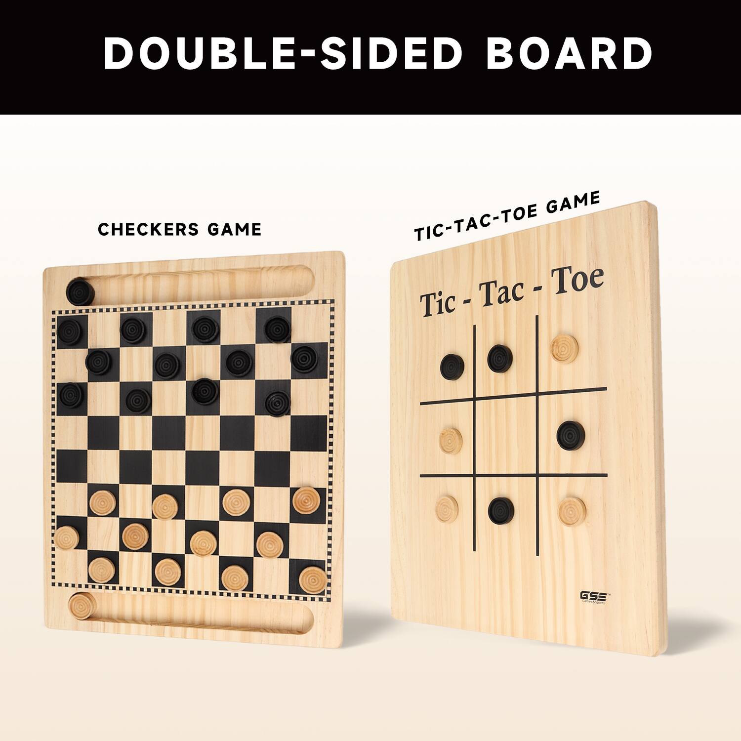 DOUBLE-SIDED BOARD CHECKERS GAME TIC-TAC-TOE Tic - Tac - Toe Tc - Toe Tic - GSE