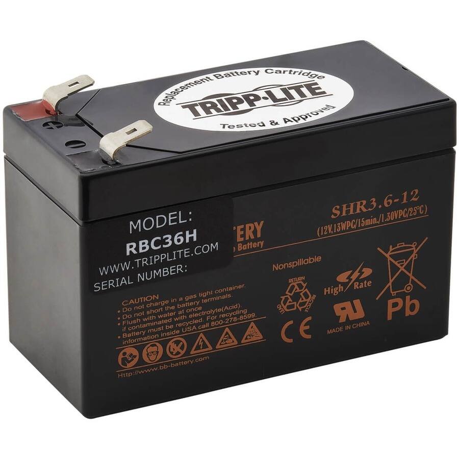 **Battery Cartridge Replacement**  
TRIPP-LITE  
Tested & Approved  

**MODEL:** RBC36H  
**SERIAL NUMBER:**  
**WWW.TRIPPLITE.COM**  

**SHR3.6-12**  
(12V, 13WPC/15min, 1.30VPC/25°C)  

**CAUTION**  
- Do not charge in a gas tight container.  
- Do not short the battery terminals.  
- Do not flush with water.  
- If contaminated with electrolyte(Acid), for recycling, call 800-278-8599.  
- Battery must be recycled.  
- Information inside USA.  

**Battery**  
**Nonspillable**  
**High Rate**  
**Pb**  
**MADE IN CHINA**  

**CE**  

**Http://www.bb-battery.com**